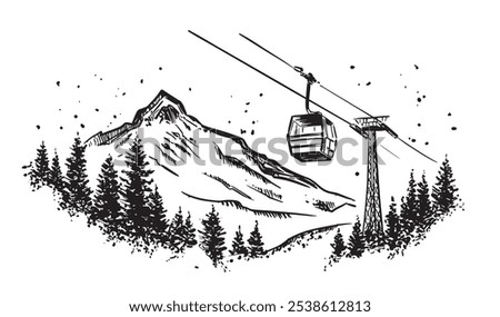 Ski lift in the mountains, hand drawn.	