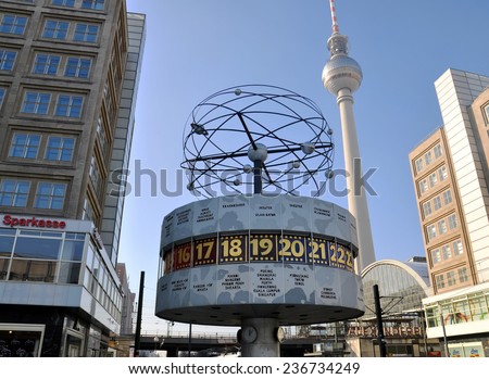 BERLIN - FEB 08: The Weltzeituhr (World Clock) in Alexanderplatz. Alexanderplatz is a large square and transport hub on February 08.2012 in Berlin, Germany.
