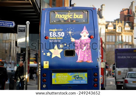 MANCHESTER - JAN 05: The Magic bus in the street in Manchester on January 05.2014 in UK. Magic Bus is a brand of Stagecoach Group for local bus operations in the United Kingdom.