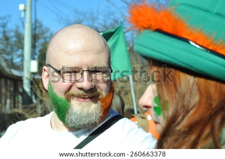 MOSCOW - MAR 14: Bald man with colored beard during St Patrick\'s day party in Moscow on March 14. 2015 in Russia