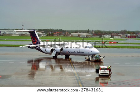 BRUSSELS - MAY 05: Brussels Airlines BAE 146 at  Brussels Airport during the storm on May 05, 2015 in Belgium. Brussels Airlines is the flag carrier airline of Belgium.