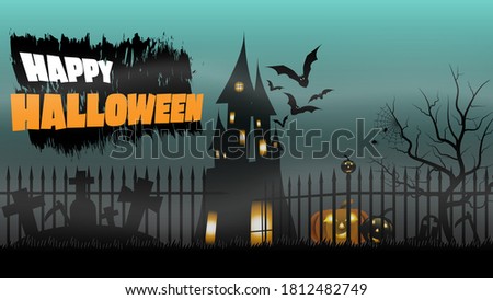 Halloween party banner, Fullmoon, Haunted House, Pumpkins in the graveyard. Holiday party invitation poster, greeting card, party invitation, Vector illustration.