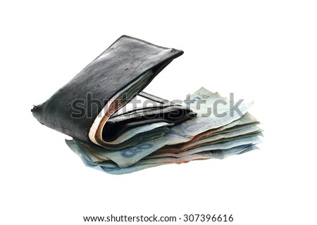 Money in black leather wallet isolated on white background.