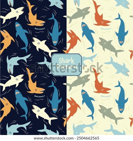 A fun and quirky seamless pattern featuring toothy sharks ready to strike! This playful design is perfect for adding a touch of humor to any project. The repeated pattern of sharks.