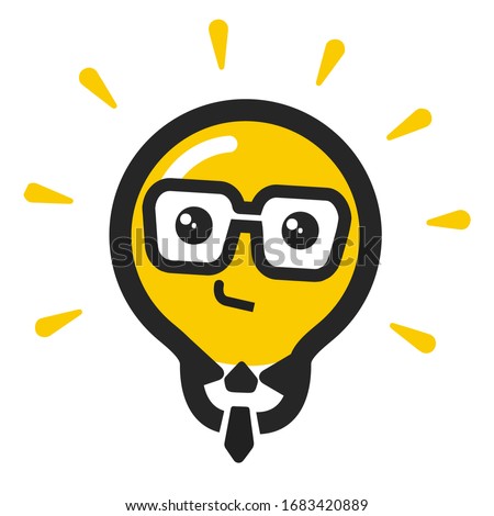 Logo, icon, illustration of a yellow light bulb with a bold outline, with nerd glasses, tie, a smile and rays, vector image isolated on white background.