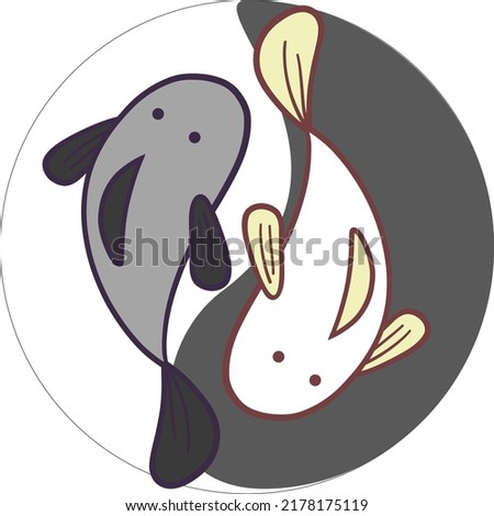 Fish yin-yang. Black and white stylized cartoon aquarium fish. The Eastern horoscope is a symbol of pisces. Zodiac sign yin-yang vector. Vector of fish.