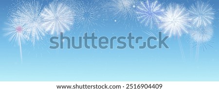 Beautiful fireworks display in the sky with soft blue gradient. Perfect for celebration, festival, New Year, and holiday designs, bringing a sense of joy and festivity to any occasion.