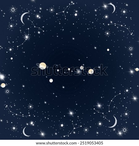 Seamless vector pattern featuring a night sky filled with stars, constellations, moons, and planets. Ideal for cosmic designs, space-themed decor, and celestial-inspired products.