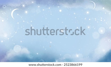 A vector illustration depicting a soft blue sky filled with shimmering stars, delicate crescent moons, and gentle clouds. The scene evokes tranquility and calmness with its subtle celestial elements.