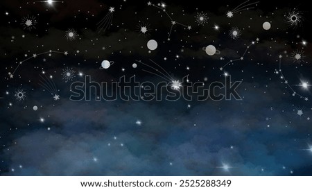 A mystical night sky vector with constellations, planets, stars, and a dark blue cloudy gradient background. Perfect for space-themed designs, backgrounds, and cosmic illustrations.