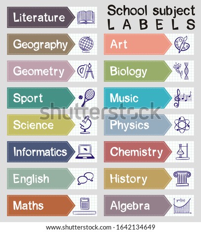 Rectangular color labels with names and icons of school subjects. Natural and mathematical science, additional education, tutorship, freelance, sport and art. 