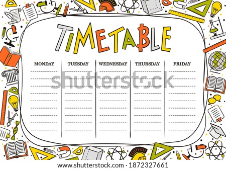 Kids Template of a school schedule for 5 days of the week for students. Vector illustration in cartoon styles. Includes hand-drawn elements on a school theme.