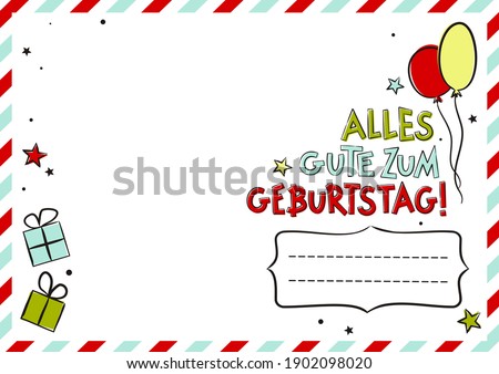 German Happy Birthday postcard with balloons and gift boxes. Cute greeting card. Hand drawn envelope. Vector festive illustration for Germany. Translation: Happy Birthday
