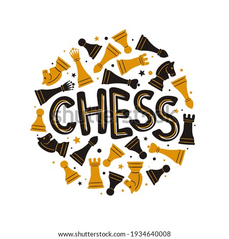 Cute hand drawn Chess emblem with chess pieces. Round Logo for a sport club, tournaments or competition. Vector illustration in doodle style