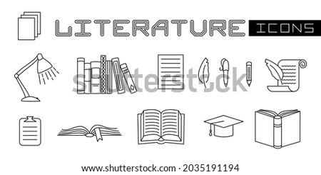 A set of linear isolated elements for literature. Book, pen, pecil, lamp, bookshelf. Vector illustration on the theme of Library, books, reading.
