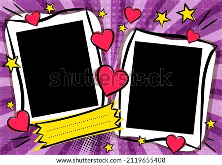 Love Pop art Bright comic double photo frame with hearts and stars. Box for text. Template for congratulations, Valentines day or wedding  photo album. Vector illustration