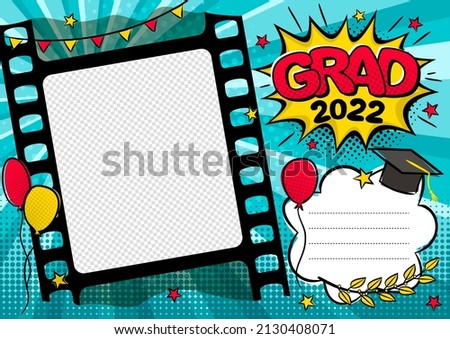 Graduation photo frame in pop art style for 2022. Bright page for class photos. Template for the design of frames for graduates, photographs, posters, cards, stickers. Vector illustration.