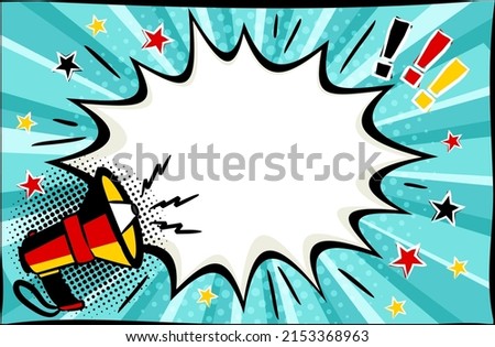 Comic empty speech bubble with shout in colors of German tricolor. Pop art for National or Election Day of Germany. Vector illustration for festive, holiday, tourist trips, travel, meeting guests
