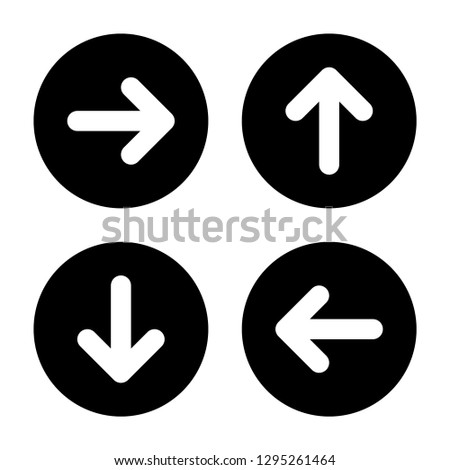 Arrow icon set. Glyph style. Left, right, up, and down arrows in black circles. Straight bold arrows with rounded corners.