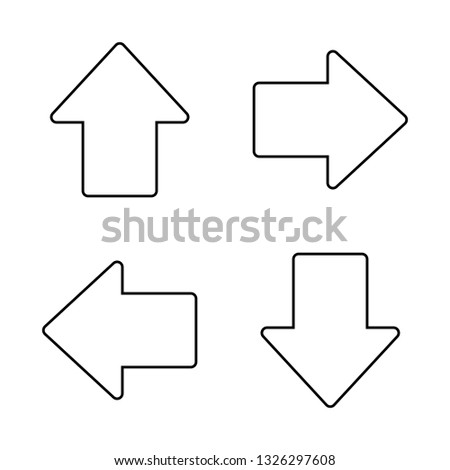 Outline arrow icons. White arrows with black borders, white fill, and rounded corners. Up, down, left, right directions. Stroke width can be edited.