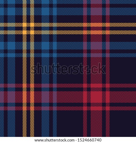 Tartan plaid pattern seamless vector background. Multicolored dark check plaid in blue, red, and yellow for flannel shirt, blanket, throw, or other modern textile design. Herringbone woven texture.