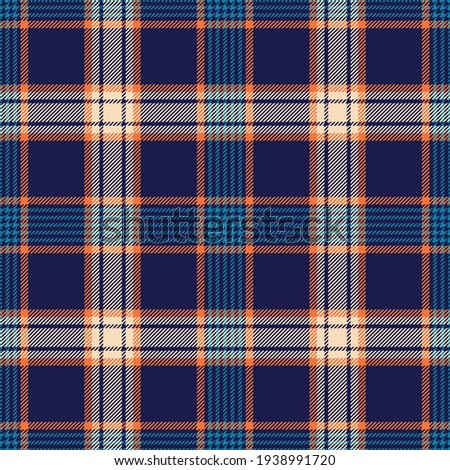 Tartan plaid pattern colorful texture in navy blue, orange, beige. Multicolored bright seamless check vector graphic for flannel shirt, throw, other spring summer autumn fashion textile print.