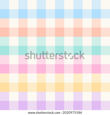 Gingham check plaid pattern for spring summer in colorful pastel rainbow purple, blue, green, orange, pink, yellow, off white. Seamless vichy design for dress, skirt, napkin, handkerchief, scarf.