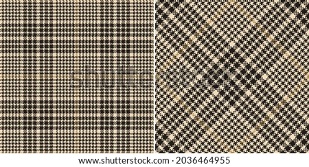 Tartan check pattern tweed in black, gold brown, beige, white. Herringbone textured seamless modern plaid for jacket, coat, skirt, trousers, scarf, other spring autumn winter fashion textile design.