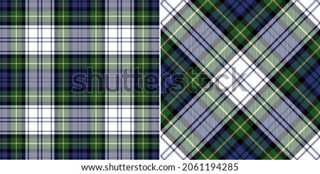 Tartan check plaid pattern Gordon Dress in blue, green, yellow, white. Seamless traditional vector for spring autumn winter flannel shirt, blanket, duvet cover, other modern fashion textile print.