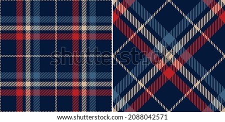Check plaid pattern in navy blue, red, beige. Seamless simple dark tartan illustration print for spring autumn winter flannel shirt, blanket, duvet cover, other modern fashion fabric design.