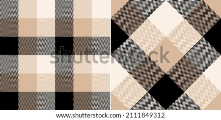 Buffalo check plaid pattern in black, beige, white. Seamless herringbone textured tartan set for spring summer autumn winter flannel shirt, scarf, blanket, duvet cover, other modern textile design.