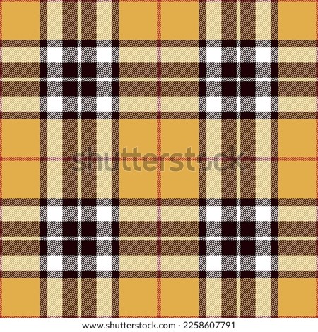 Tartan plaid pattern Thomson in mustard yellow, red, white, brown. Seamless classic Scottish plaid graphic for spring autumn winter flannel shirt, blanket, scarf, other modern holiday fabric design.