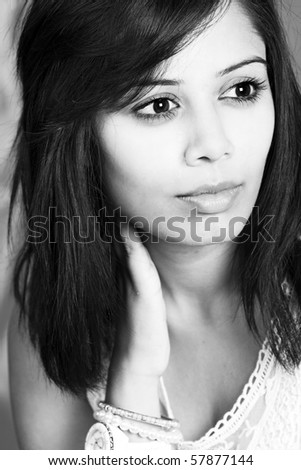 beautiful black and white image of a young asian woman