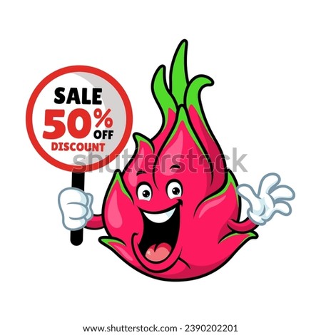 vector cartoon, character, and mascot of a dragon fruit holding discount signboard.