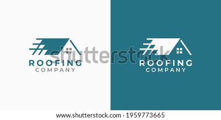 House roofing logo design. Roof logo template. Home building vector symbol. House logo for roofing installation, replacement, repair, maintenance. Blue logo for real estate and construction company.