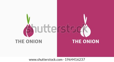 Onion vector template. Red onion logo design. Simple abstract onion flat icon illustration. Natural onion vegetable with green leaves logo design. Vector symbol for agriculture, farming, hydroponics.