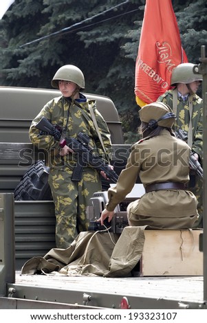 PYATIGORSK, RUSSIA - MAY 9 2014: Victory Day in WWII. Radio operator on a truck