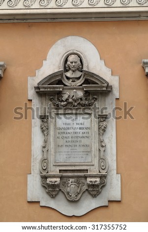 Rome, Italy - August 16, 2015: Bernini memorial plaque on the wall of a building in Rome (1898)