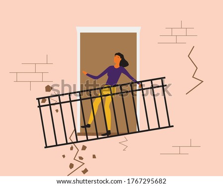 explosion, earthquake, a girl falls into a natural disaster and falls from the balcony. house destruction. землятресение, взрыв, vector stock illustration