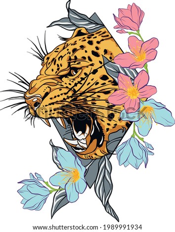 Leopard jaguar tattoo with flowers. Jaguar face with flowers, color tattoo. Angry leopard muzzle.