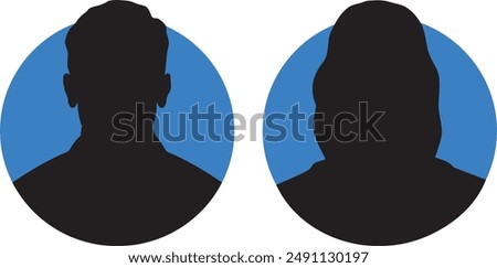 Vector illustration depicting male and female face silhouettes or icons, serving as avatars or profiles for unknown or anonymous individuals on a blue background. The illustration depicts a portrait o