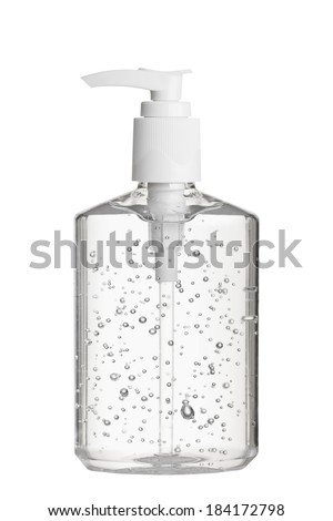Clear hand sanitizer in a clear pump bottle isolated on a white background. Hand sanitizer is used for killing germs, bacteria and viruses, some of which can cause H1N1 flu or swine flu.