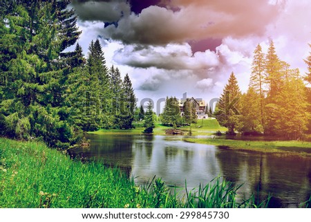 Lake in the forest glade coniferous forest sky