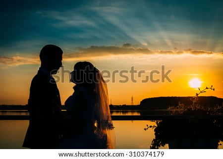 silhouette picture bride embrace on the bridge cloudy sky emotions happiness new family