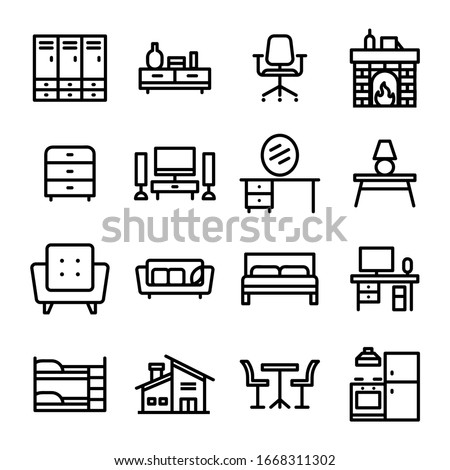 Home furniture, interior decor elements linear icons set. Apartment furnishing symbols pack. Living room, bedroom, kitchen and bathroom attributes. Bookcase, bed, oven and bath thin line illustrations