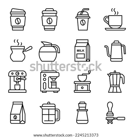 Set of Coffee Vector Line Icons. Contains such Icons as Cezve, Coffee Maker Machine, Beans and more. Barista icons set. coffee icon pack. Set of barista vector icons for web design