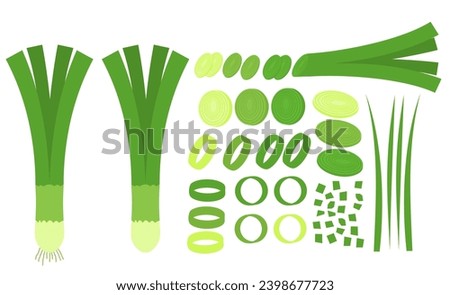 Set of root of fresh leek.Green onion.Slice, ring, chooped and whole vegetable.Flat design.Sign, symbol, icon or logo isolated on white background.Organic healthy food.Cartoon vector illustration.