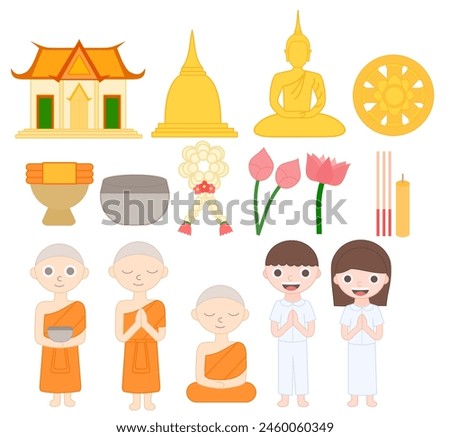 Set of thai buddhism.Happy Vesak Day Budha Purnima.Makha bucha day.Religion and culture.Monk character and temple.Graphic flat design.Sign, symbol, icon or logo isolated.Cartoon vector illustration.