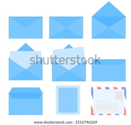 Blue envelope isolated on white background.Closed and opened paper.Folded and unfolded.Greeting or gift card.Empty letter and stamp.Mail or message.Graphic design.Cartoon vector illustration.