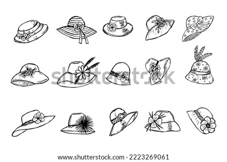 collection of hand drawn elegant ladies hats, doodle style